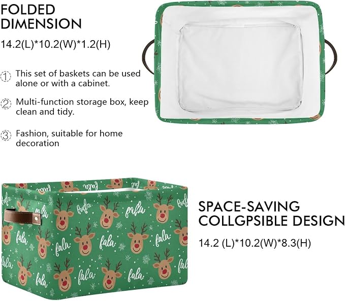 Green Christmas Reindeer Storage Basket with Waterproof Liner and PU Handles Winter Snowflake Xmas Storage Bins Boxes 14.2" Collapsible Decorative Organizer Baskets for Bedroom Closet Office 1 Pack