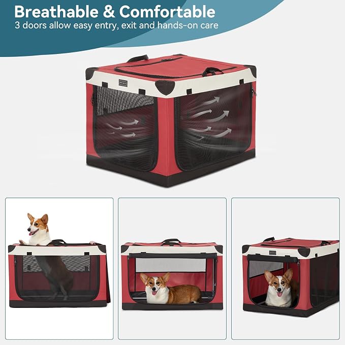 PETSFIT 30" Soft Portable Dog Crate – Patented Spiral Sturdy Frame, Collapsible Travel Kennel for Medium Dogs, 3 Mesh Door, Lockable Zippers, Indoor & Car Use Red