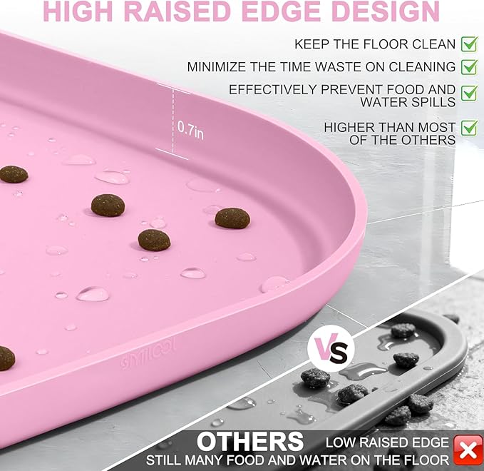 Smilool Silicone Pet Food Mat with Raised Edge for Food and Water Bowl, Dog Feeding Mats, Cat Food Trays for Floor Waterproof, Rubber Tray for Dogs and Cats, 19 x 12 x 0.7 Pink