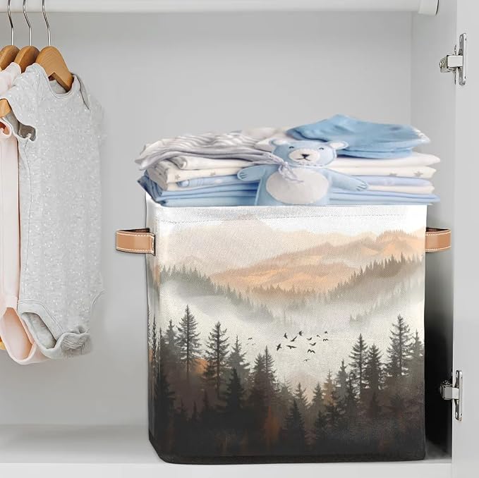 Forest with Mountain Cube Storage Bin, 13 Inch Collapsible Fabric Storage Cubes Bin, Foldable Cube Baskets for Shelf, Closet, Organizer