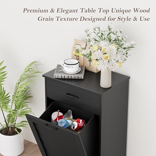 njnj 13 Gallons Tilt Out Trash Cabinet, Kitchen Hidden Trash Bin Cabinet Wood Garbage Recycling Cabinet with Hideaway Drawer, Pet Proof Freestanding Trash Bin for Kitchen Living Room Black