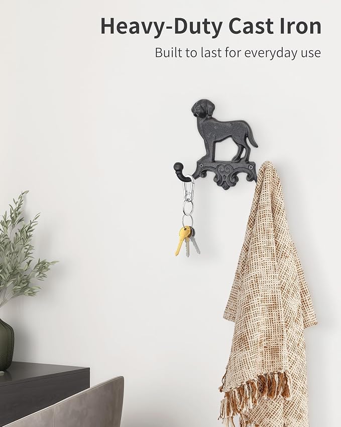 Cast Iron Dog Wall Hooks for Hanging, Heavy Duty Dog Leash Holder for Wall Mount Coat Hooks Decorative Key Hanger Vintage Farmhouse Entryway Cute Animal Decor Rustic Black 1 Pack