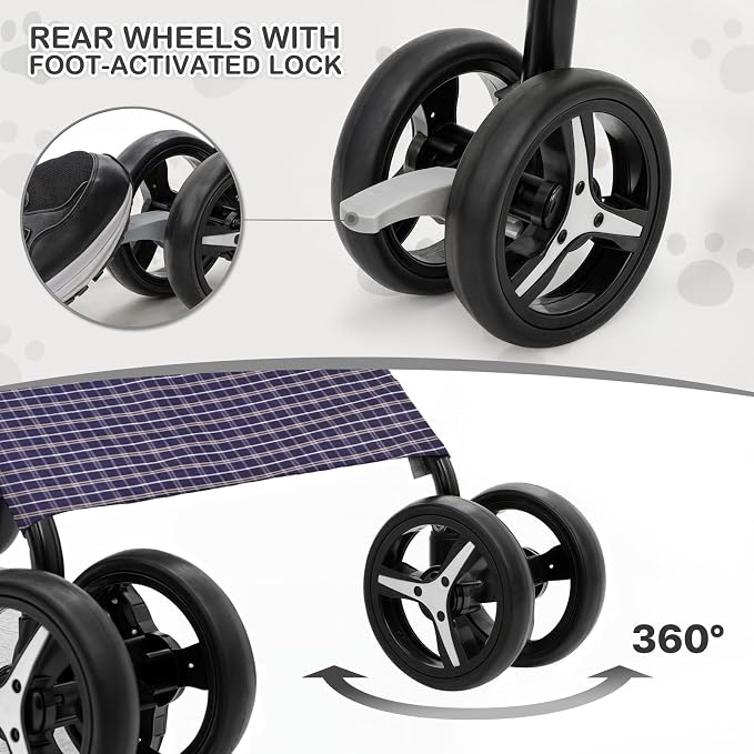 MoNiBloom Pet Stroller for Small/Medium Dogs and Cats up to 22 lbs, Plaid | Foladble 4 Wheels Easy-Fold Puppy Cage Jogger Stroller with Sun Cover, Pad and Rear Storage Bag, Breathable and Visible Mesh