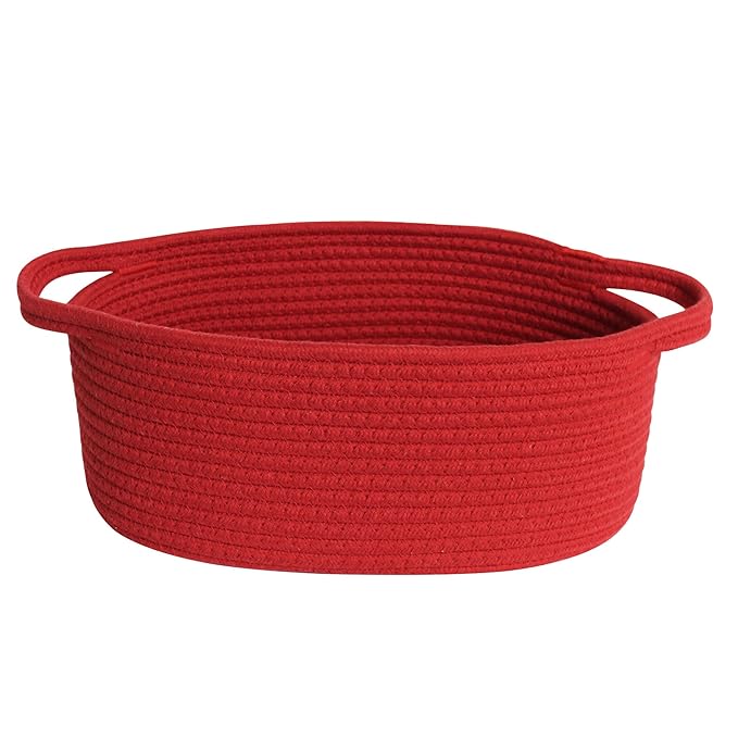 Small Red Woven Basket, 13"x 9"x 5" Gift Basket Empty Christmas Valentine' Day, Cotton Rope Kid Pet Toy Bin Box, Cute Baby Nursery Easter Organizer, Decorative Wicker Storage, Red Room Decor