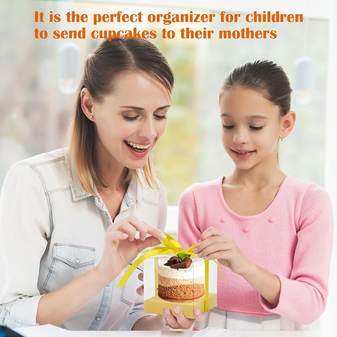 12 PCS Clear Cupcake Boxes 3.5 Inch Cupcake Containers (Yellow) | Disposable Cupcake Carrier Plastic Individual Cupcake Storage Holder with Ribbons and Inserts for Wedding, Birthday Party