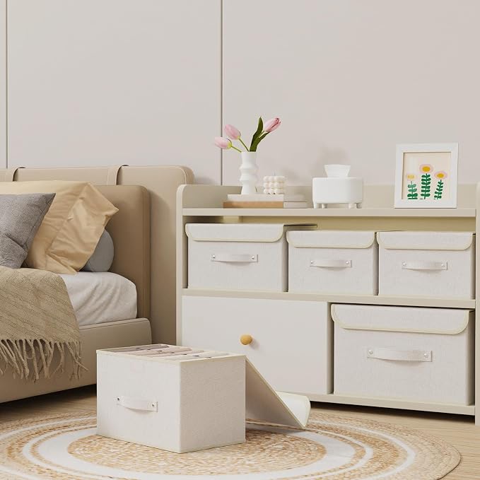 Cloth Storage Baskets with Handles,Beige 15x9.8x9.8in,1 Pack | Storage Boxes with Flip-Top Lids,Washable PP Panel Cube Drawer Organizers,Collapsible Underwear Divider Bins for Home