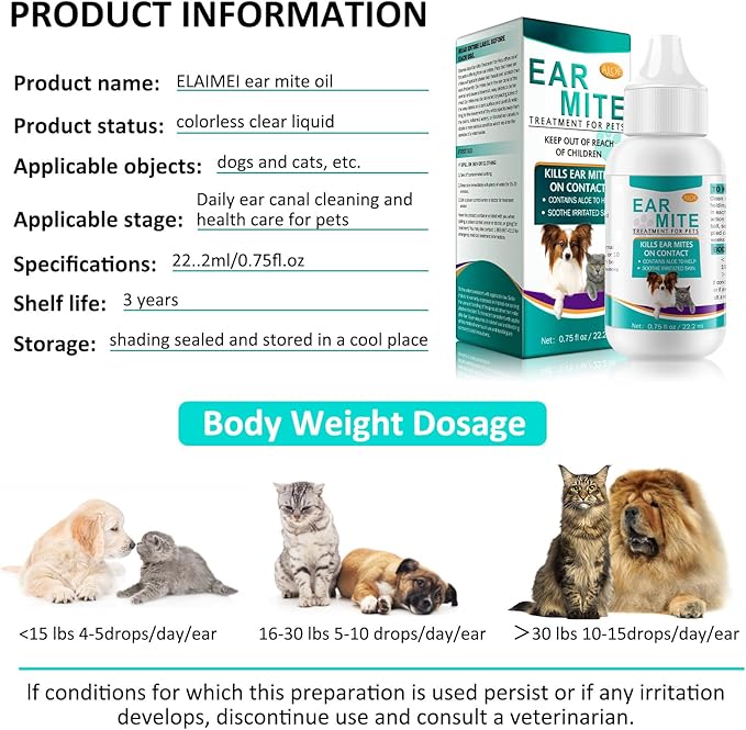 Ear Mite Treatment for Dogs and Cats,Ear Infection Treatment Drops,Relief for Dogs and Cats Suffering from Ear Mites, Pets Ear Cleaning Drops with Soothing Aloe for Dog & Cats (1.5 Fl Oz (Pack of 2))