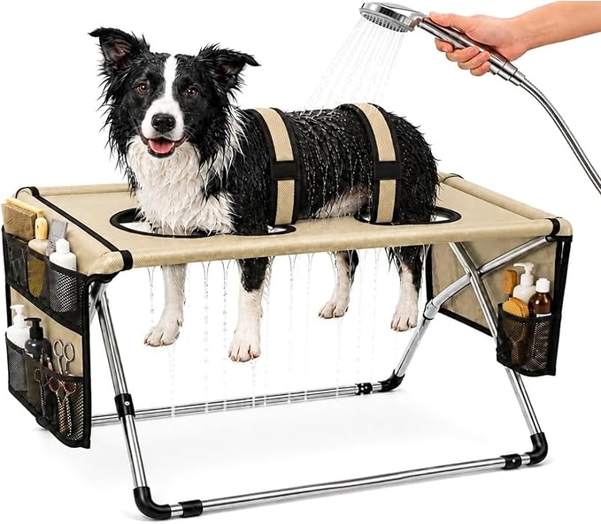 Foldable Dog Grooming Table, Pet Hammock with Stand for Small Dogs & Cats