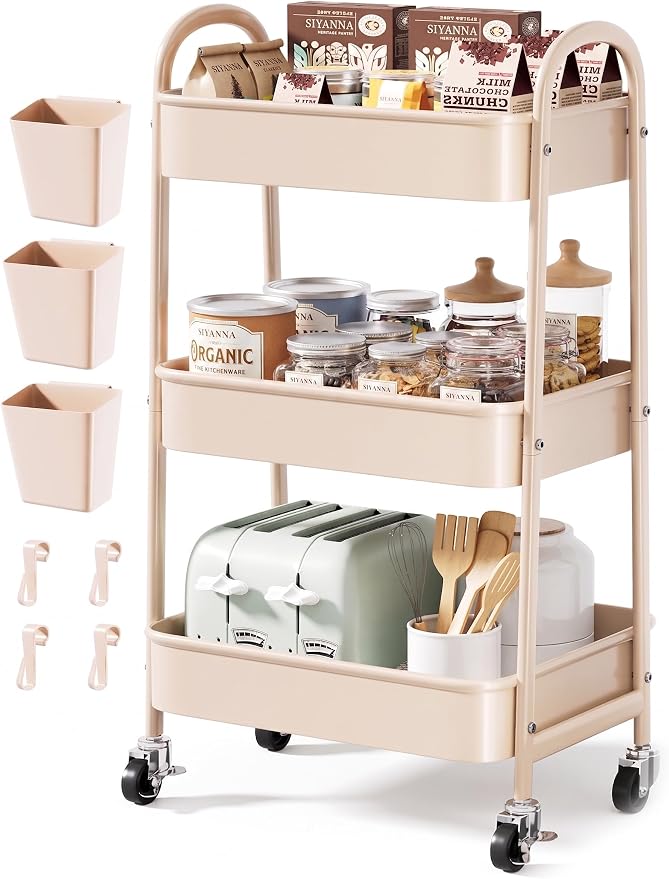 Beige 3 Tier Rolling Cart Metal on Wheels, Three Tiered Storage Organizer Utility Trolley with Wheels for Art, Craft, Baby Diaper Caddy, Snack, Book, Nail, Lash, Cleaning Supplies, Kitchen, Bathroom