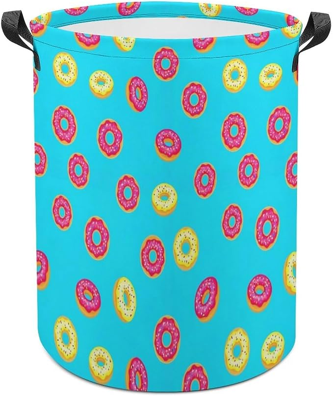 Foldable Waterproof Laundry Basket Donut Food Pattern, Portable Hamper with Handles for Clothes, Toy, and Bedroom Organization