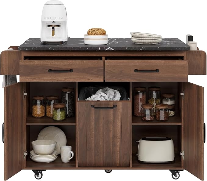 51" Kitchen Island with Trash Can - Rolling Kitchen Island on Wheels with Storage, Farmhouse Movable Kitchen Storage Islands & Carts with Drop Leaf, Marble Texture Wood Top, Walnut Brown