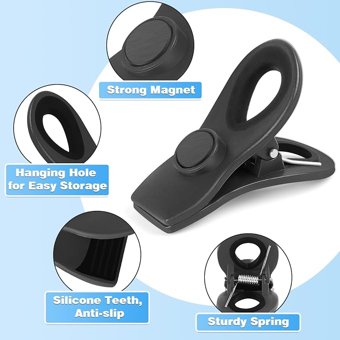 12 Pack Chip Clips, Bag Clips for Food, Magnetic Sealers for Chips And Other Food, Plastic Bag Clip for Kitchen, Fridge, Clothes, Sewing And Artwork (Black)