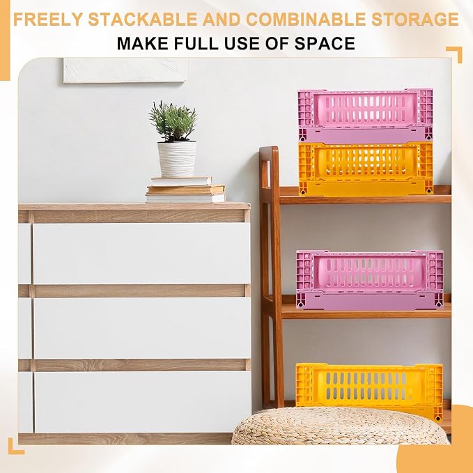 uxcell Collapsible Crates, 11.7x7.8x4.7 Stackable Plastic Storage Baskets with Handle Small Storage Containers for Bedroom Office Classroom Bathroom Desktop Organizer Decor, Dark Green