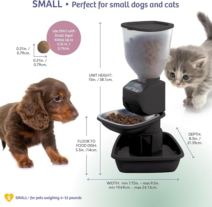 Feeding Friend® Automatic Dog & Cat Food Feeder with Water Dispenser, Smart Portion Control, OLED Display, Anti-Jam Design, Battery Operated, XS 4–15 lbs Pets, Black