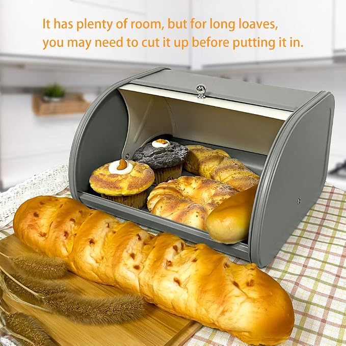 X458 Gray Bread Box Roll Top, Metal Bread Box for Kitchen Countertop, Large Space, Keeps Bakery Items Fresh Longer, Bread Bin for Kitchen Countertop, Breadbox to Store Cookies, Bagels, Muffins