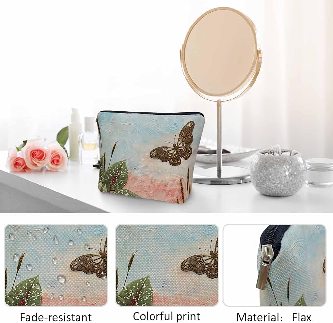 Women Cosmetic Bag Butterfly, Pond Green Leaves Floral Butterflies Cute Makeup Bag For Purse Cosmetic Travel Bag For Toiletries Makeup Storage Bag Flax Skincare Bag Make Up Pouch Bags