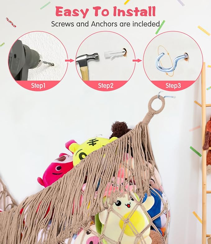 Stuffed Animal Hammock - Extra Large 63'' Long (Creamy Brown) | Premium Cotton Hand-knitted, Beautiful Long Tassel, Storage Hanging Organizer, Can Fit Stuffed Animals 40 Piece or More