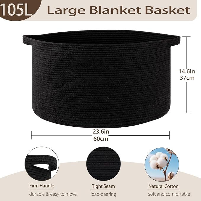 OIAHOMY 105L Extra Large Blanket Basket - Decorative Cotton Rope Storage Basket for Bedroom, Living Room & Nursery - Woven Laundry Hamper for Organizing Blankets, Clothes & Toys - Black
