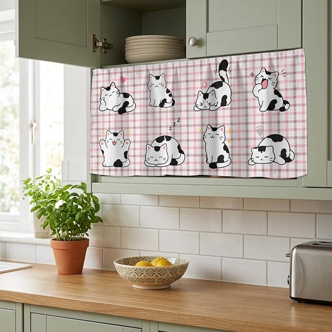 Cute Cat Sink Skirt 11"Wx13"L,Dustproof Under Sink Curtain with Self Adhesive Tape,Modern Playful Pet Cats Pink Brown Plaid Cabinet Curtain Cover for Bathroom Vanity,RV,Kitchen Cabinet Storage Shelf