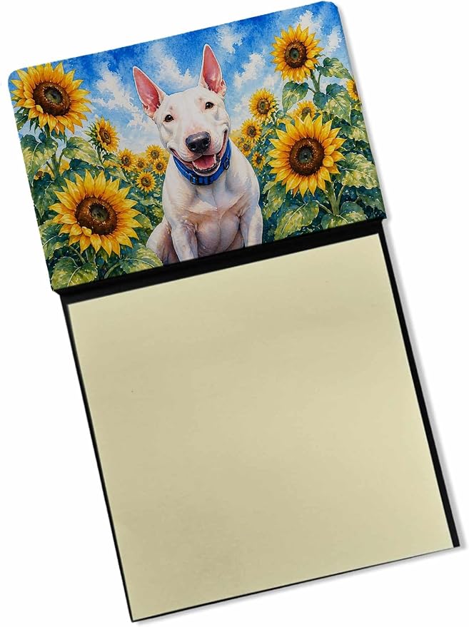 Caroline's Treasures English Bull Terrier in Sunflowers Watercolor Sticky Note Holder Refillable Dispenser Desk Accessory 3x3 Pad Gift