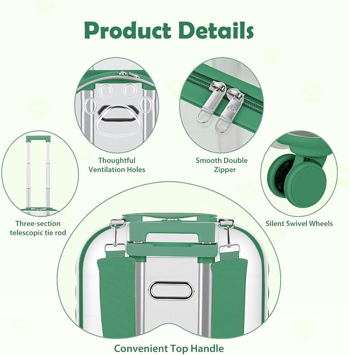 Pet Trolley Case with Ventilation Holes, Pet Carrier,Pet Rolling Carrier,Clear Window Pet Trolley Case,Pet Strollers for Small Dogs,Cat Carrier with Silent Wheels Telescopic for Travel (Green-A)