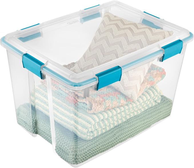 Sterilite Gasket Storage Box with Lids for Home & Office, 80 Quart, 16-Pack | Heavy-Duty, Stackable, and Organizing Containers for Bathroom, Cabinet, Closet, and Garage, Clear and Blue Aquarium Latches