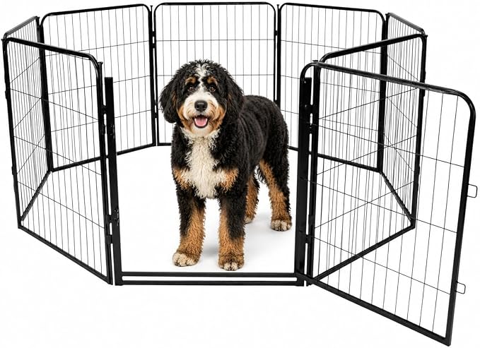 Dog Play Pen for Indoor Use - 32'', 8 Panels for Small and Medium Size Dogs - Metal Heavy Duty Pet Fence with Anti-Slip Feet - Portable Black Playpen Kennel for House or Garage