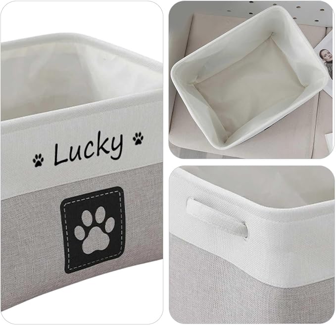 Custom Name Pet Dog Toys Basket/Bin, Paw Custom Personalized Logo Cat Clothes Box Accessories Organize Storage Bin, 4 Patterns Round Paw, Classic Paw, Heart or Name Only (Light Gray)