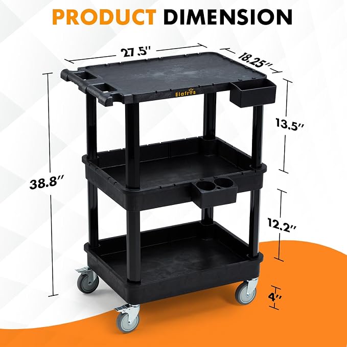 3-Tier Flat Top & Deep Tub Rolling Utility Cart, 27.5 x 18.25 in | 330 lbs Capacity, Heavy Duty Plastic, 4-Inch Wheels, Service Cart, Work Cart, Storage Organizer, Office Workshop Warehouse