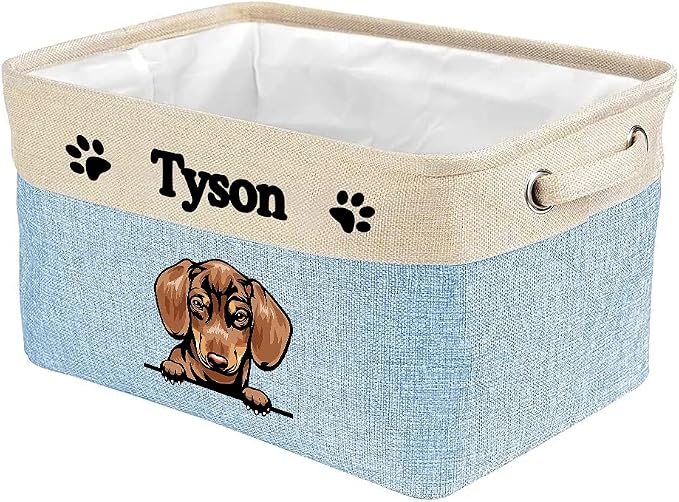 Custom Fabric Dog Toy Storage Basket with Lovely Dog Dachshund Collapsible Sturdy Fabric Pet Toys Storage Bin Cube with Handles for Organizing, Blue amd White