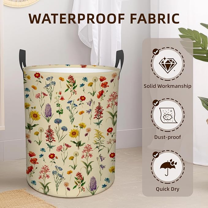Flower Laundry Hamper, Waterproof Laundry Basket for Bedroom, 43L Round Collapsible Nursery Hamper Storage Bin with Handles for Toys, Storage Basket for Boy Girls, Room Decor, 13.8x17.7 in