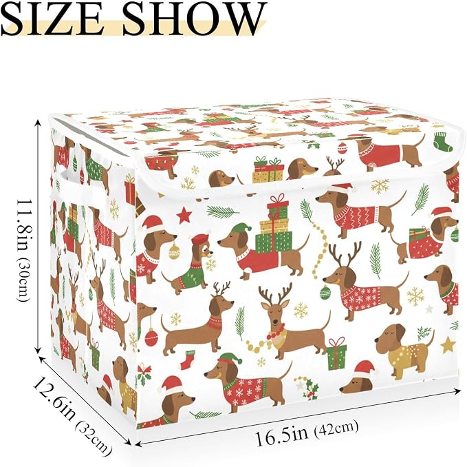 Dogs Christmas Storage Bins with Lids Closet Bedroom 40L Fabric Bin | Decorative Storage Boxes, Foldable & Stackable, Dust-Proof Flip Top, Reinforced Handles, For Home & Dorm, Clothes & Toy Box