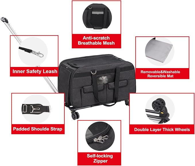 Happybuy Cat Carrier with Wheels, Rolling Pet Carrier with Telescopic Handle and Shoulder Strap, Dog Carrier for Pets up to 35 lbs, Includes Folding Bowl, Black