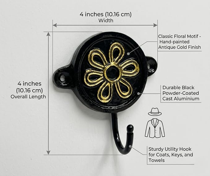 Aluminium Flower Print Wall Hook for Home Décor | Decorative Floral Wall Mounted Hook Rack for Coats, Keys, Towels, Bags & Hats | Rustic Vintage Multipurpose Organizer for Entryway, Bathroom & Bedroom