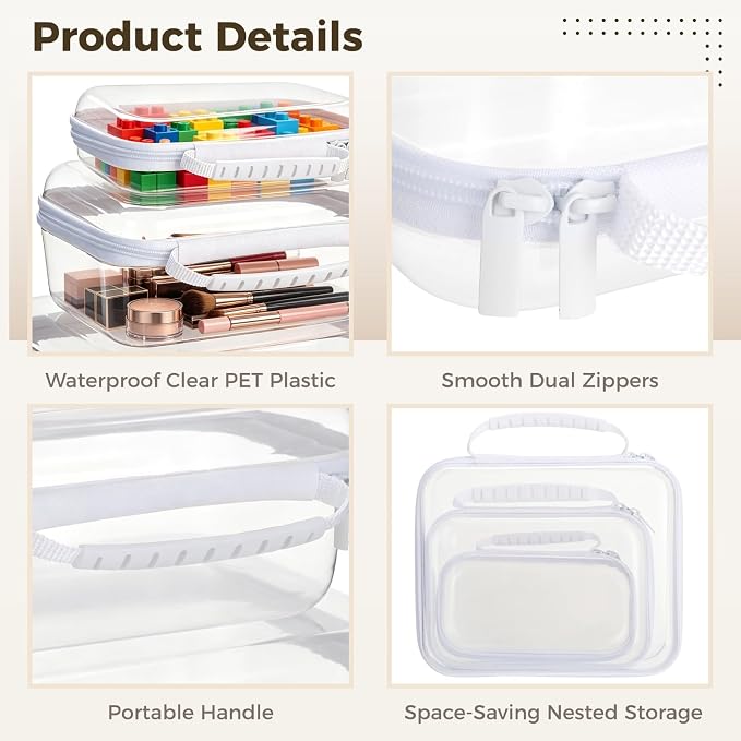 3 PCS Clear Hard Shell Zipper Cases, Transparent Plastic Storage Boxes for Makeup and Toiletries Travel, Portable Waterproof PET Organizer Bins, Clear Cosmetic Storage Case Set