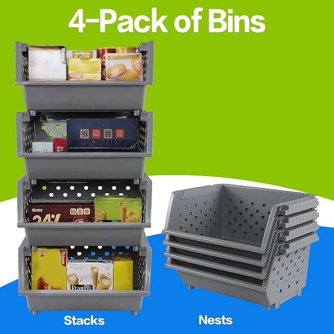 Zopnny Stackable Storage Baskets, 4-Tier Plastic Stacking Bins Open Front | Modular Organizer and Storage Bin for Pantry, Kitchen, Bathroom, Playroom, RV, Easy Stacking, Vertical & Space Saving, Grey