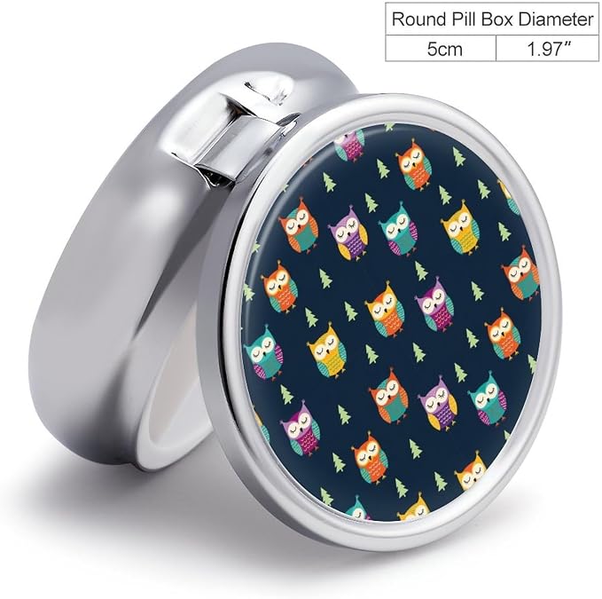 Small Pill Holder, Owl Round Waterproof Organizer, Travel Case for Vitamins, Pocket Purse Box for Daily Fitness