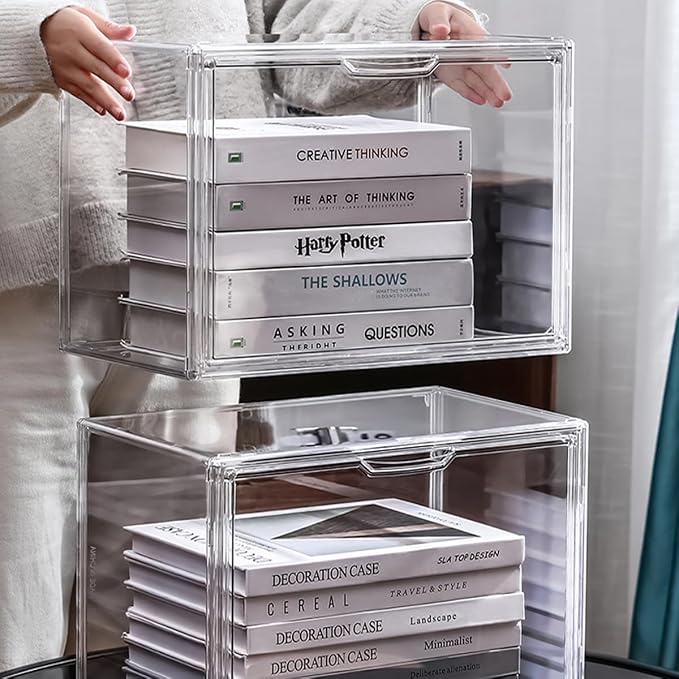 Clear Acrylic Bookcase, Book Organizer Box, Portable Book Containers with Magnetic Door, Stackable Display Case for Purses Handbags Dolls Toys Shoes(Clear, 14.17" ×10.63"×8.66")