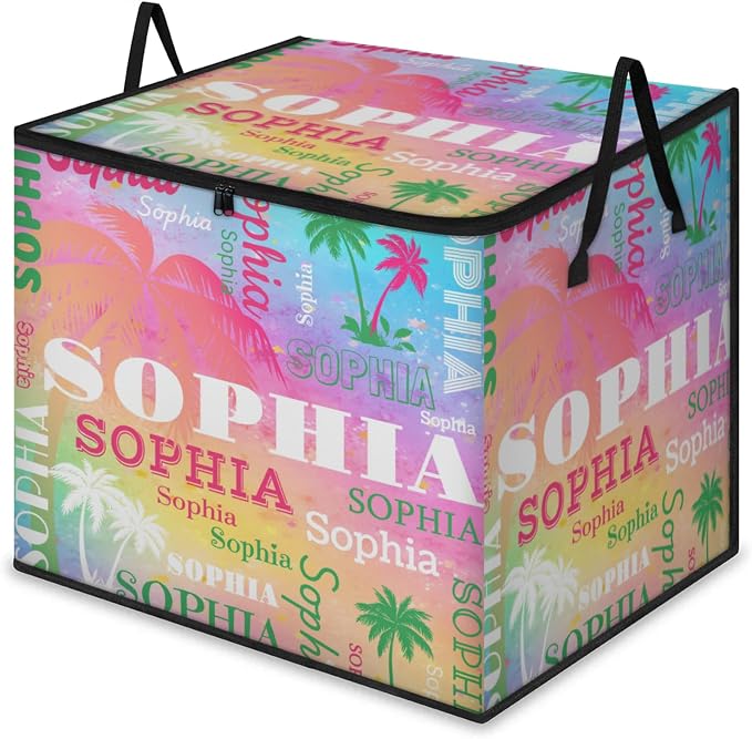 Custom Extra Large Storage Baskets Name with Lid, Green Pink Tropical Palm Tree Personalized Storage Bins Boxes Handles for Clothes Blanket Bedroom Closet Shelves, Painted Blue Pink Background