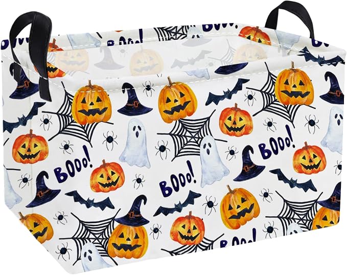 Essme Rectangular Halloween Basket,Ghost Storage Bins Organizer with Handles for Room Decor, Gift Basket.(Watercolor Halloween)