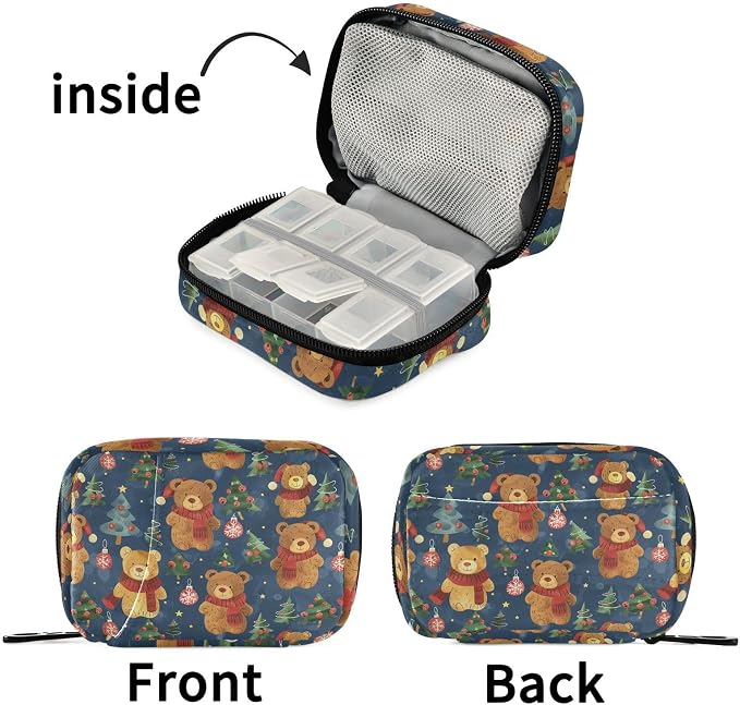Fustylead Christmas Cute Brown Bears and Fir Trees Ball Decor Pill Organizer for Purse, Weekly Portable Pill Box with Zipper to Storage Vitamins Fish Oils Medications Supplements