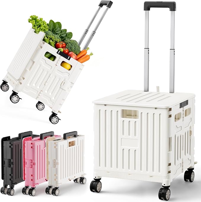 SUNALLY Folding Utility Cart Rolling Crate Handcart Shopping Trolley, White | Lockable Collapsible Tool Box with Lid, Rolling Crate With Wheels for Grocery, Travel, Garden, Shop, Office, Luggage, Teacher