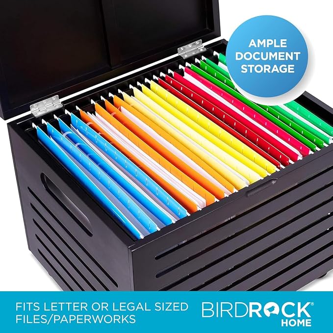 BIRDROCK HOME Bamboo Rolling File Storage Organizer Box with Lid - Decorative File Cabinet on Wheels, Portable File Box on Wheels, Mobile Filing Solution - Café Noir