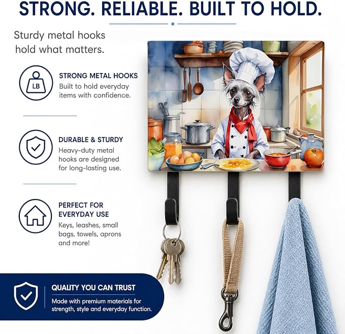 Caroline's Treasures Chinese Crested The Chef Leash or Key Holder Wall Hooks, Key Hooks Holder, Coat Rack Wall Mount, Coat Hooks, Hooks for Hanging Keys, Towels, Aprons, Leashes | Chinese Crested The Chef artwork on ceramic tile with three steel hooks ...