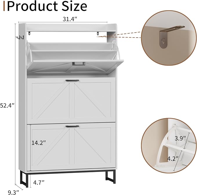 Xixini Shoe Storage Cabinet with 3 Flip Drawers, Entryway Shoe Rack, White | Freestanding Narrow Shoe Storage, Hidden Slim Wood Shoe Organizer, Modern Farmhouse, Open Storage & Hooks for Closet, Hallway