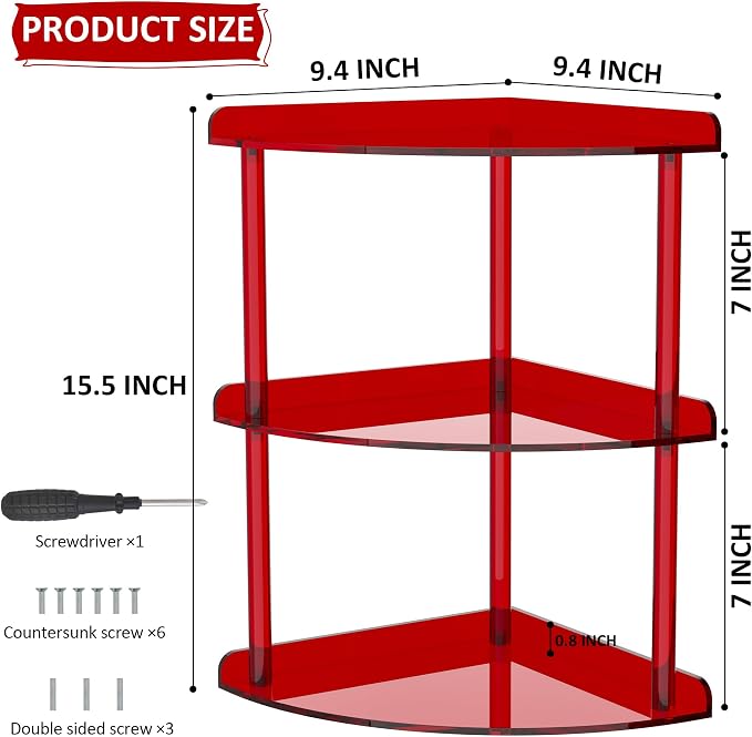 Sezanrpt 3 Tier Acrylic Corner Shelf Organizer Storage 9.5x9.5x15.7 Inch, Red Countertop Corner Shelf for Bathroom, Kitchen, Bedroom, Office, Study Room