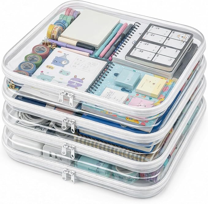 4 Pack Clear Hard Shell Zipper Case, Clear Zipper Pouches for Organizing, Heavy Duty Travel Clothes Packing Cubes, Oversized Closet Storage & Big Toy Bins (4XL)