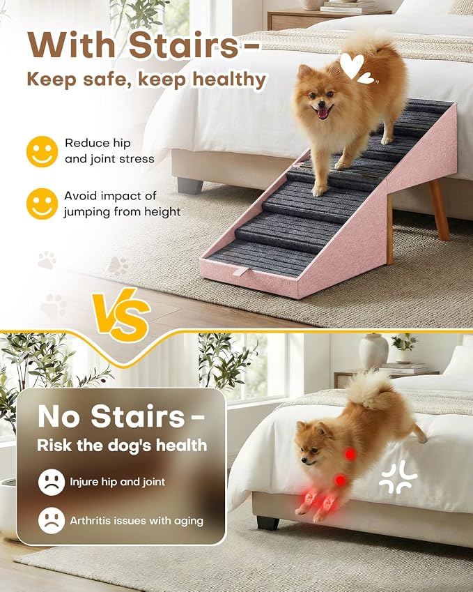 Dog Ramp for Bed & Couch, Foldable Dog Stairs 21.06" inches High | Split Ottoman No-Slip Surface Dog Ramp, 2 in 1 Wooden Pet Steps for Puppy and Large/Medium/Small Dogs,Pink