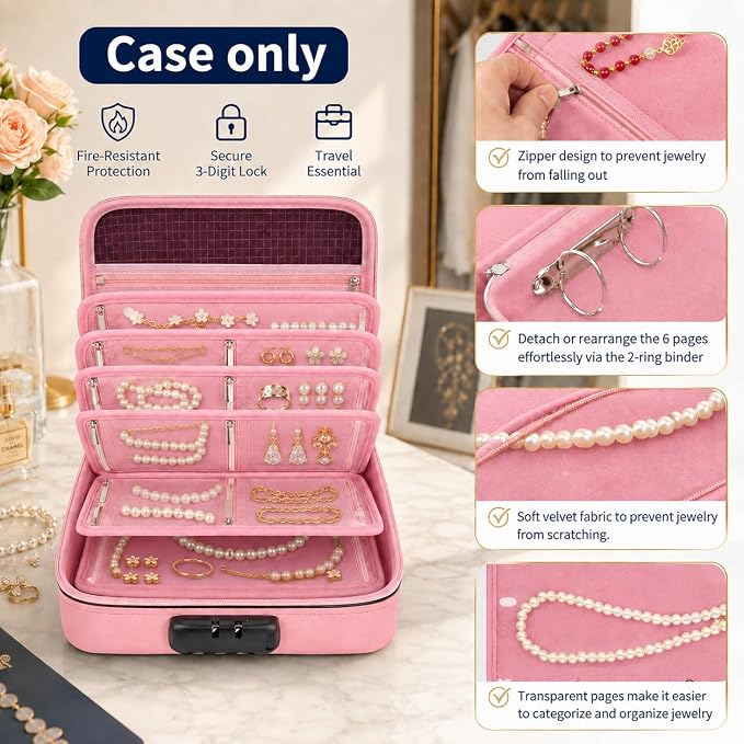 Fireproof Travel Jewelry Organizer Case with Lock & 6 Binder Pages | Silicone-Coated Fiberglass, Tangle-Reducing Layout Clear Storage Book for Necklaces Earrings Rings Bracelets-Bag Only Pink