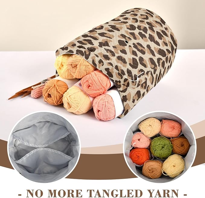 Tatenale Crochet Bag Yarn Bag Knitting Project Bag with Pockets and Handle Portable Yarn Storage Organizer Tangle Free 8.3x11 InchLeopard Skin Print18
